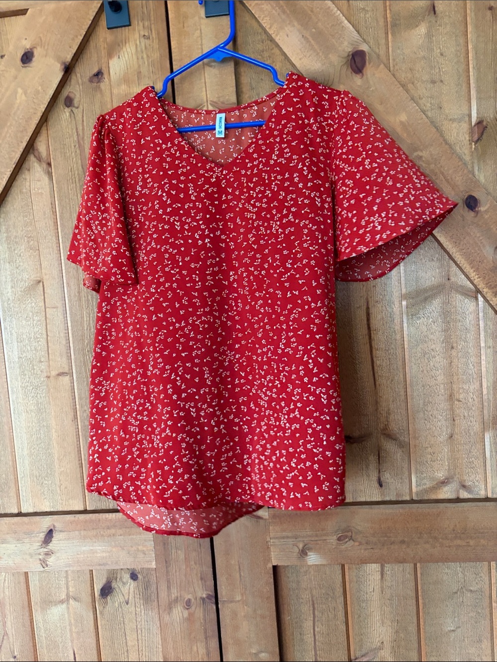 Red Floral Short-Sleeve V-Neck Blouse